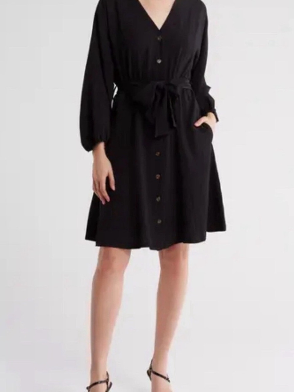 Calvin Klein Black V-Neck Button Tie-Waist Long Sleeve Dress